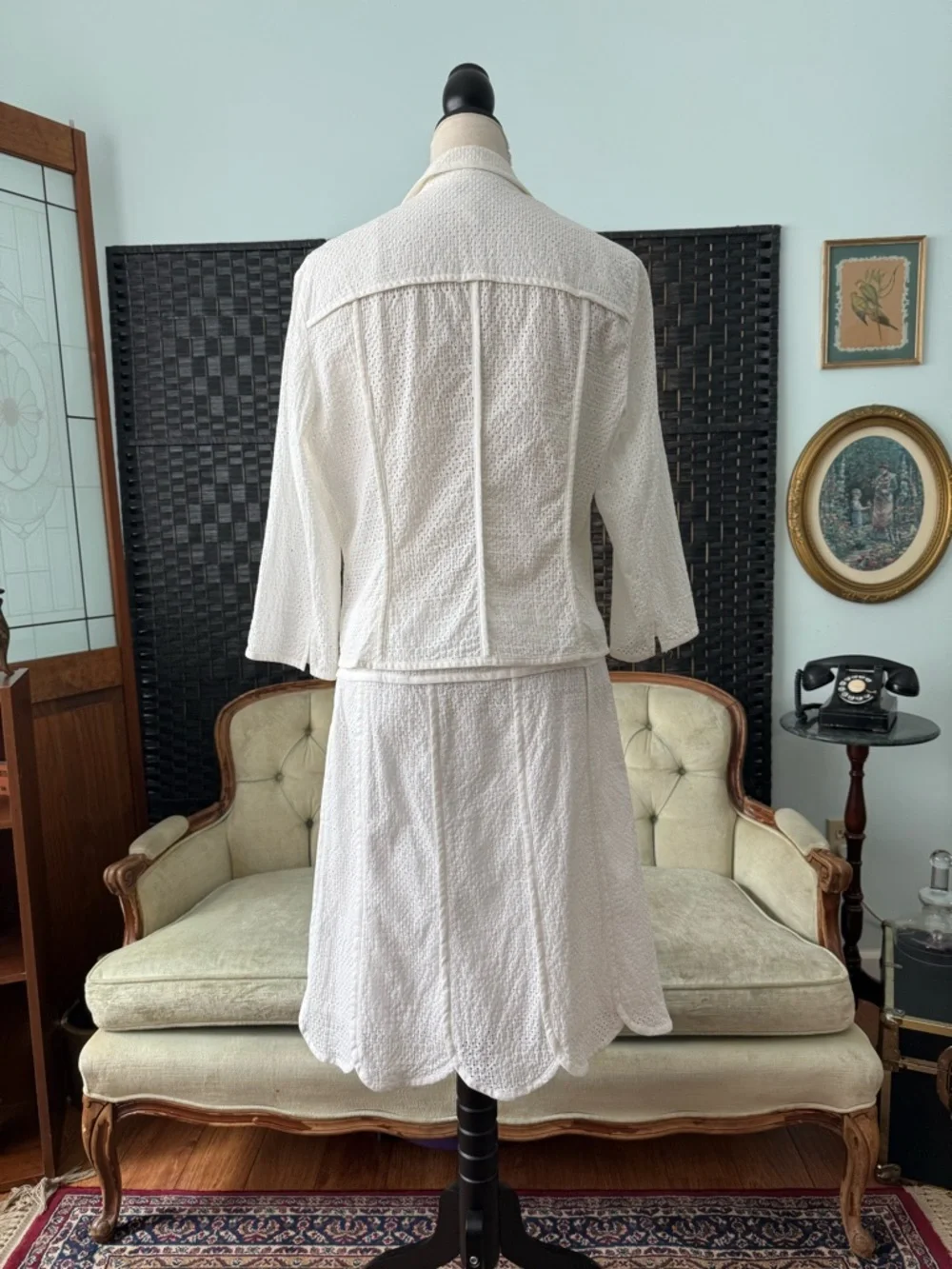 🤍 Vintage Nine West Ivory Eyelet 2PC Set Blazer & Skirt Cottage Chic - Picture 4 of 15